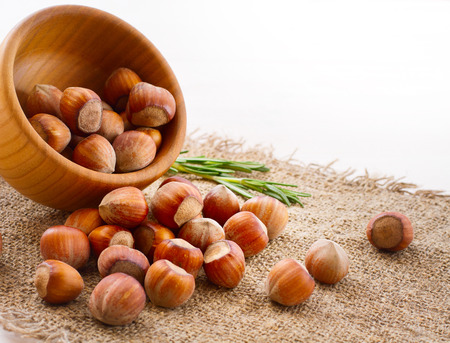 Hazelnuts, filbert on old wooden background closeupの写真素材