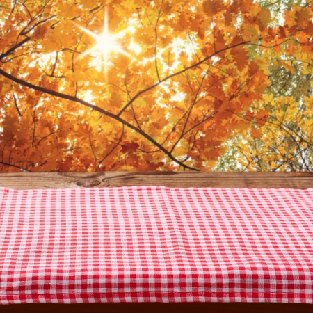 Empty wooden deck table with tablecloth for product montage. Autumn landscape. Free space for your textの写真素材