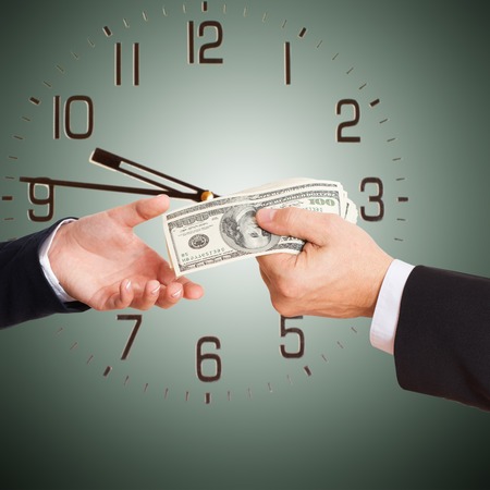 businessman giving money cash dollars in  hands of passing them to the client. Concept of time is money. Isolated, Watches. Space for textの写真素材