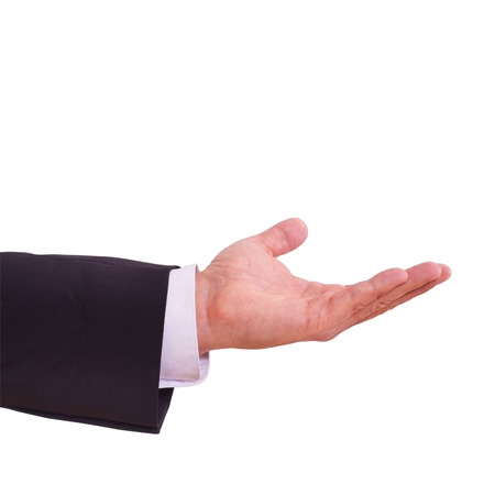 Portrait of  business man in classic suit with empty hand for mounting objects isolatedの写真素材