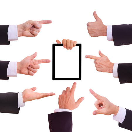hands of businessmen in suit with a tabletの写真素材