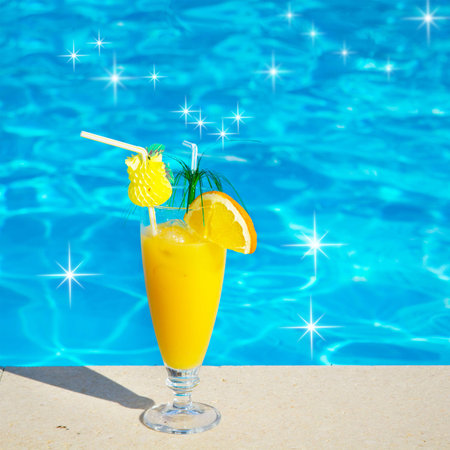 Saltwater pool, fresh drink in glass  On vacation  Pool, juice, cocktailの写真素材