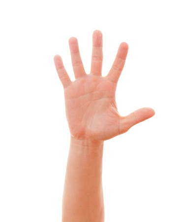 Man hand showing five count  Man hand sign isolated on white background  Man shows his hand stop sign, note carefully の写真素材