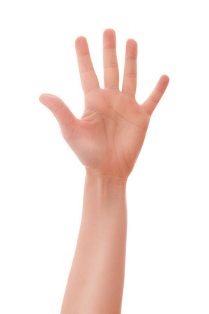 Man hand showing five count  Man hand sign isolated on white background  Man shows his hand stop sign, note carefully の写真素材