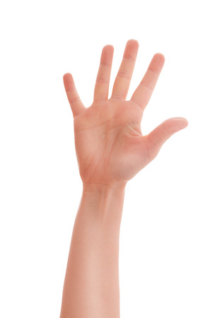 Man hand showing five count  Man hand sign isolated on white background  Man shows his hand stop sign, note carefully の写真素材