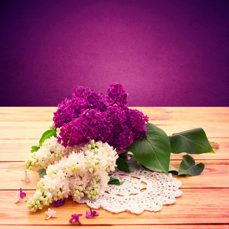Flowers white and purple lilac spring flower. Template for greeting cards mother's day valentine birthday celebration.の写真素材