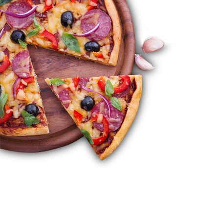 Pizza with ham, pepper and olives. Delicious fresh pizza served on wooden table.の写真素材