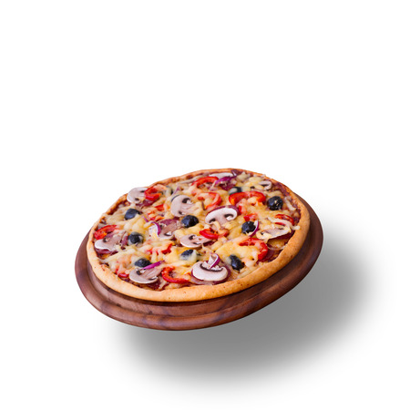 Pizza with ham, pepper and olives. Delicious fresh pizza served on wooden table.の写真素材