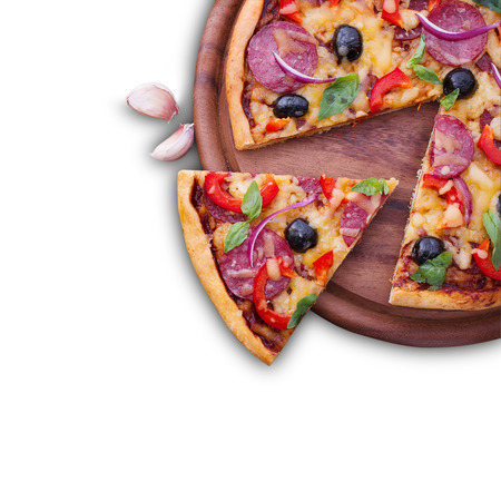 Pizza with ham, pepper and olives. Delicious fresh pizza served on wooden table.の写真素材