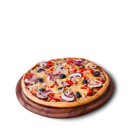 Pizza with ham, pepper and olives. Delicious fresh pizza served on wooden table.の写真素材