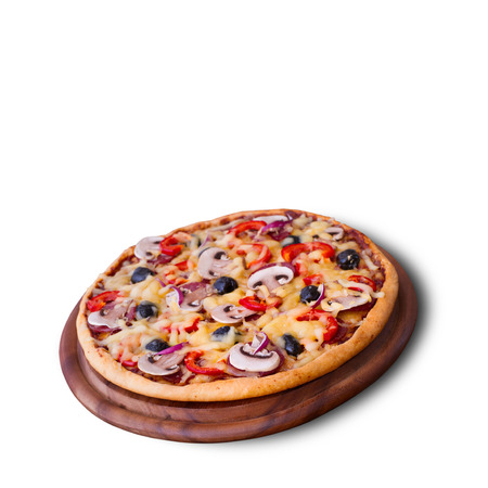 Pizza with ham, pepper and olives. Delicious fresh pizza served on wooden table.の写真素材