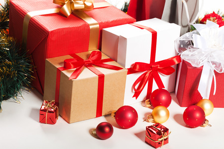 Christmas gifts end bauble on white backgroundの写真素材