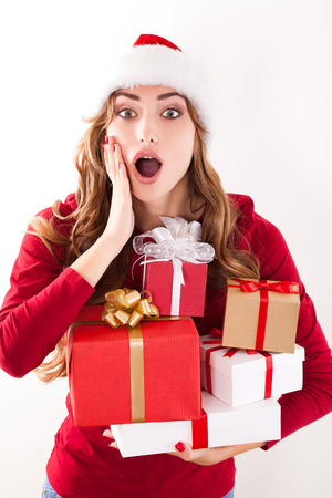 christmas woman with gift and red manicureの写真素材