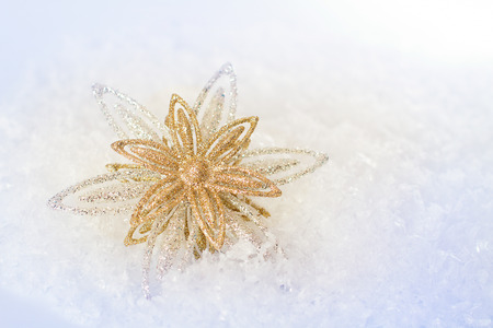Christmas ornaments on Christmas tree. Christmas border with ornament, present and snowの写真素材