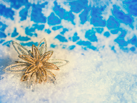 Christmas ornaments on Christmas tree. Christmas border with ornament, present and snowの写真素材