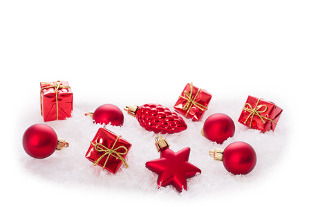 Christmas ornaments on Christmas tree. Christmas border with ornament, present and snowの写真素材