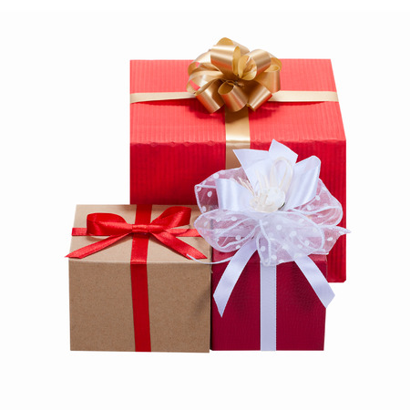 Christmas presents. Gift boxes with ribbons isolatedの写真素材