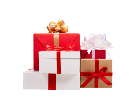 Christmas presents. Gift boxes with ribbons isolatedの写真素材