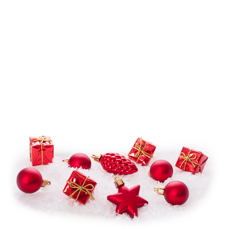 Christmas ornaments on Christmas tree. Christmas border with ornament, present and snowの写真素材