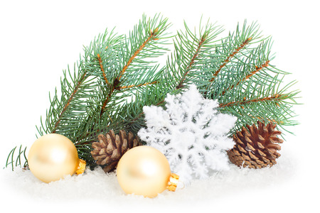 Christmas ornaments on Christmas tree. Christmas border with ornament, present and snowの写真素材