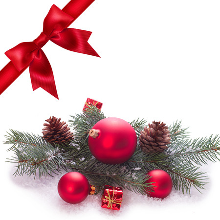Set for design. Red ribbon bow on white background. Christmas tree. Studio shotの写真素材