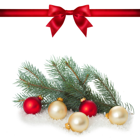 Set for design. Red ribbon bow on white background. Christmas tree. Studio shotの写真素材