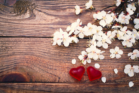 Flowering branch with white delicate flowers on wooden surface. Declaration of love, spring. Wedding card, Valentineの写真素材