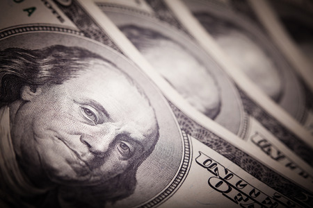 Portrait of Benjamin Franklin from one hundred dollars bill new edition closeup conceptual の写真素材