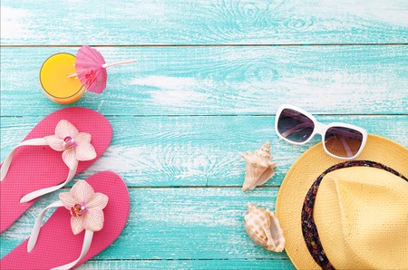 Beach on sunny day with wooden walkway and beach accessories mock up for designの写真素材