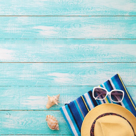 Beach on sunny day with wooden walkway and beach accessories mock up for design