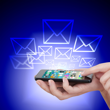 hand touching touch smart phone close up, social media conceptの写真素材