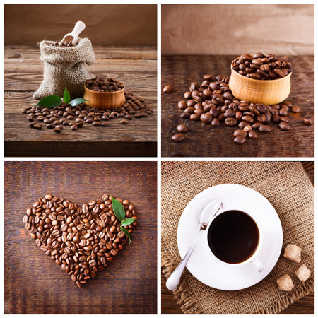 Cup of coffee, cappuccino, latte, and roasted beans. Coffee Collage top wievの写真素材