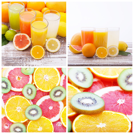 Orange grapefruit lemon juices, Top view close up. Setの写真素材