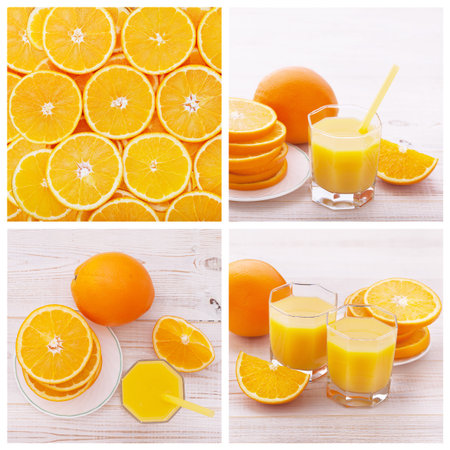 Orange. Orange juice, top view. Set