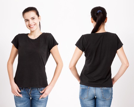 T-shirt design and people concept - close up of young woman in blank white t-shirt isolated.の写真素材