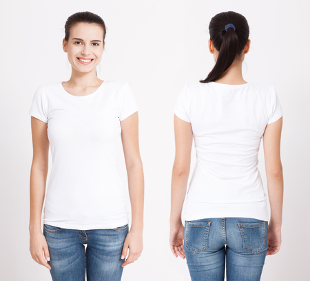 T-shirt design and people concept - close up of young woman in blank white t-shirt isolated.の写真素材