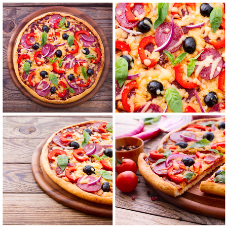 Pizza with ham, pepper and olives on wood table top view. Setの写真素材