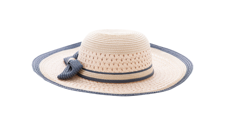 Pretty straw hat with blue ribbon isolated on white background, Brown straw hat on white.の写真素材