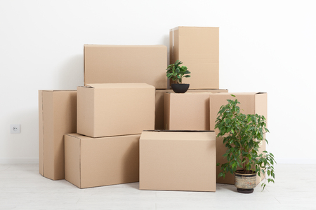 Moving into a new apartment. Move lots of cardboard boxes in an empty new apartment.の写真素材