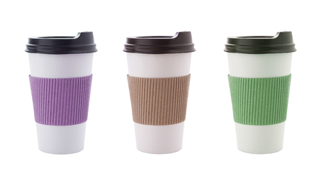 Blank take away kraft coffee cup isolated on white backgroundの写真素材