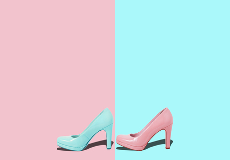 Fashion female pink shoes with heels. Womens footwear casual design isolated on blue background with free space for text.の写真素材