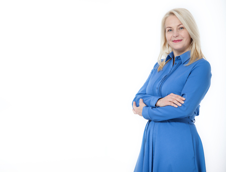 Friendly smiling middle-aged woman isolated on white backgroundの写真素材