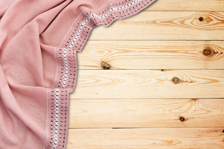 Vintage white wooden table with red checkered tablecloth. Top view mockup.の写真素材