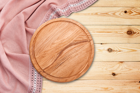 Table cloth and pizza board on vintage wooden table. Top view mockupの写真素材
