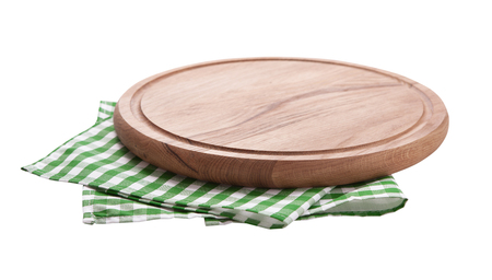 Pizza board, with napkin isolated. Top view mockupの写真素材