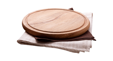 Pizza board, with napkin isolated. Top view mockupの写真素材