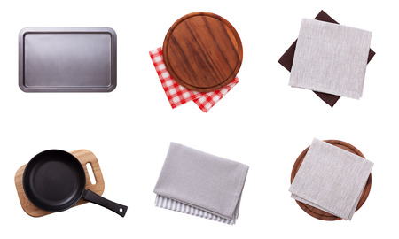 Pizza board, napkin and tablecloth, pan and tray isolated. Top view mockup. Set.の写真素材