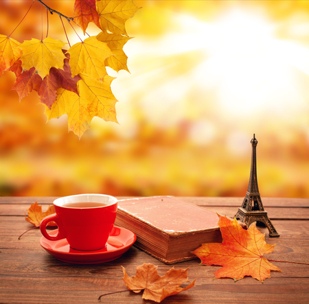Autumn background. Autumn leaves, book and cup of tea on wooden table in park.の写真素材