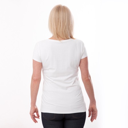 T-shirt design and people concept - close up of woman in blank white t-shirt, shirt rear isolated. Mock up.の写真素材