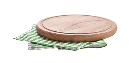 Pizza board, with napkin isolated. Top view mockupの写真素材